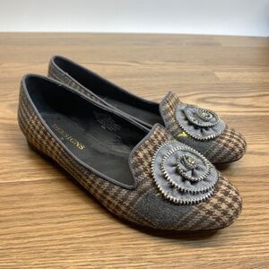 Designs by Dee Ocleppo Crown Brown Floral Houndstooth Slip On Loafers Size 8W